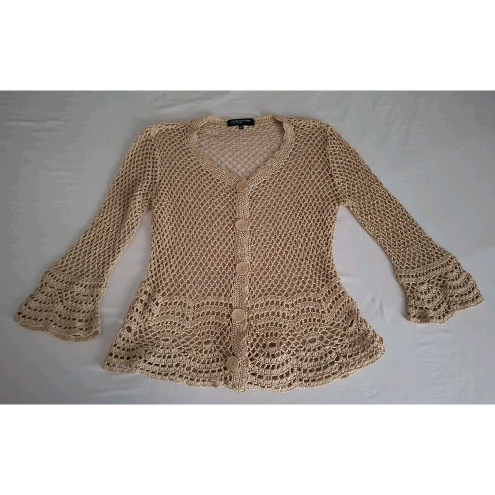 Vtg Jones New York Crochet Sweater Open Knit Cottagecore Fairy Beige Button Up L